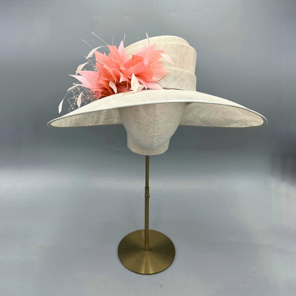 Oyster pearl wedding hat coral feathers 