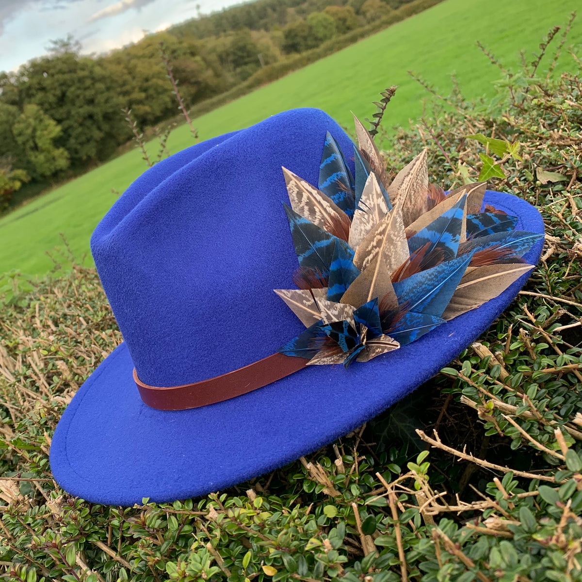 Camel felt fedora with game bird feather All Dunn Up Bespoke