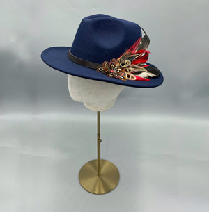 Navy blue and red ladies fedora hat