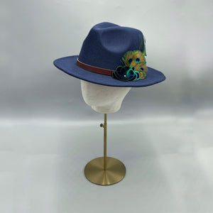 Navy blue felt fedora with peacock feathers 