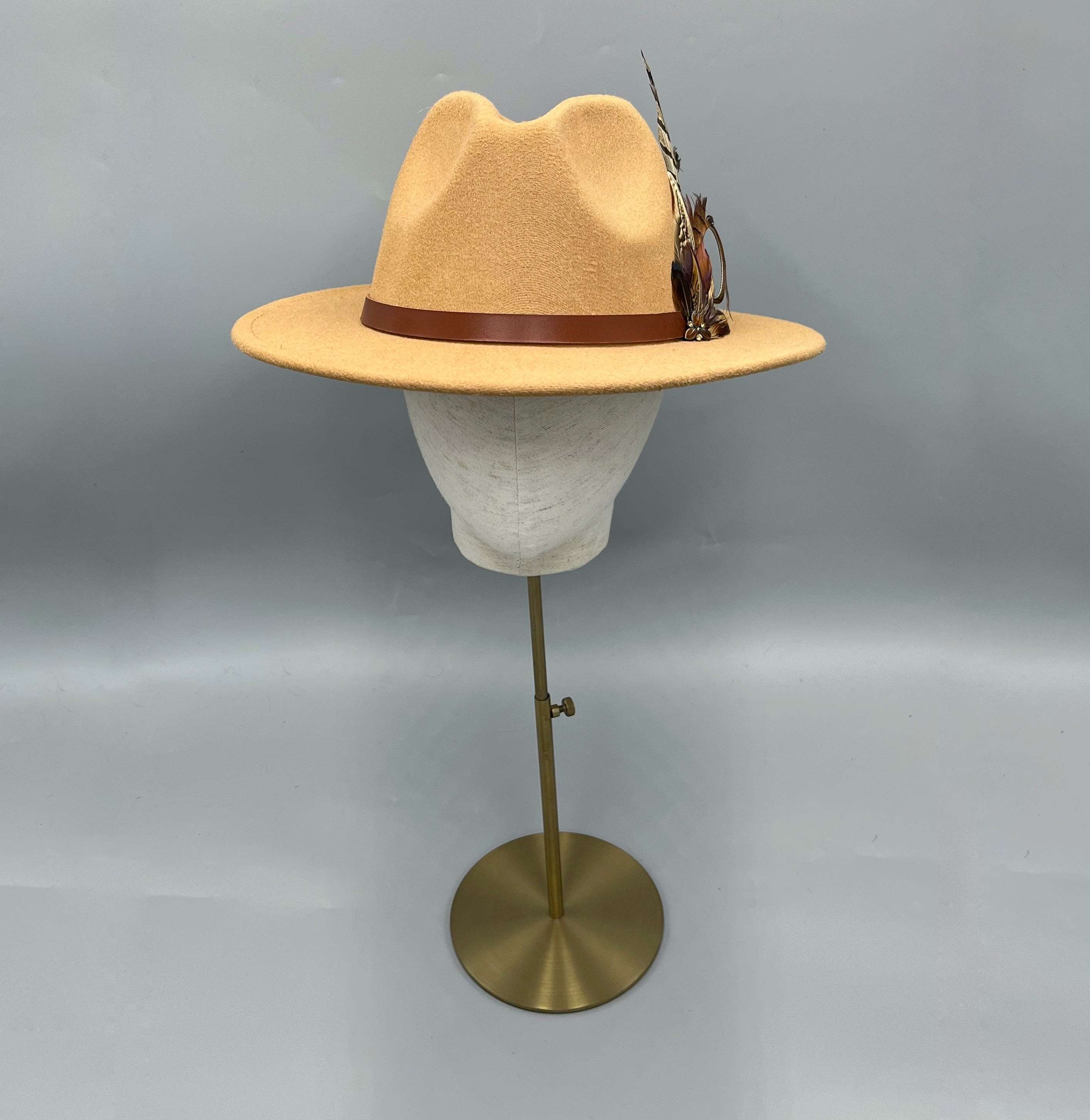 Camel fedora with gamebird feathers everyday hat, horse racing style 