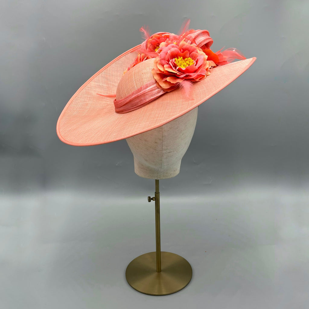 Coral pink hat fascinator wedding Ascot