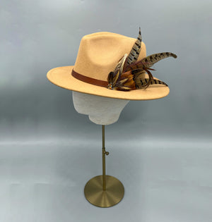 Camel fedora with gamebird feathers everyday hat, horse racing style 