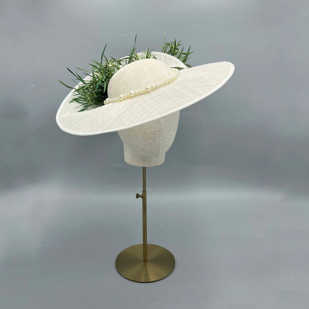 Ivory Split Brim Hat with Dark Green Feathers & Faux Pearls