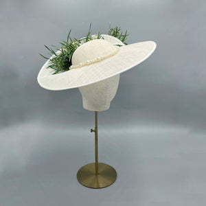 Ivory Split Brim Hat with Dark Green Feathers & Faux Pearls
