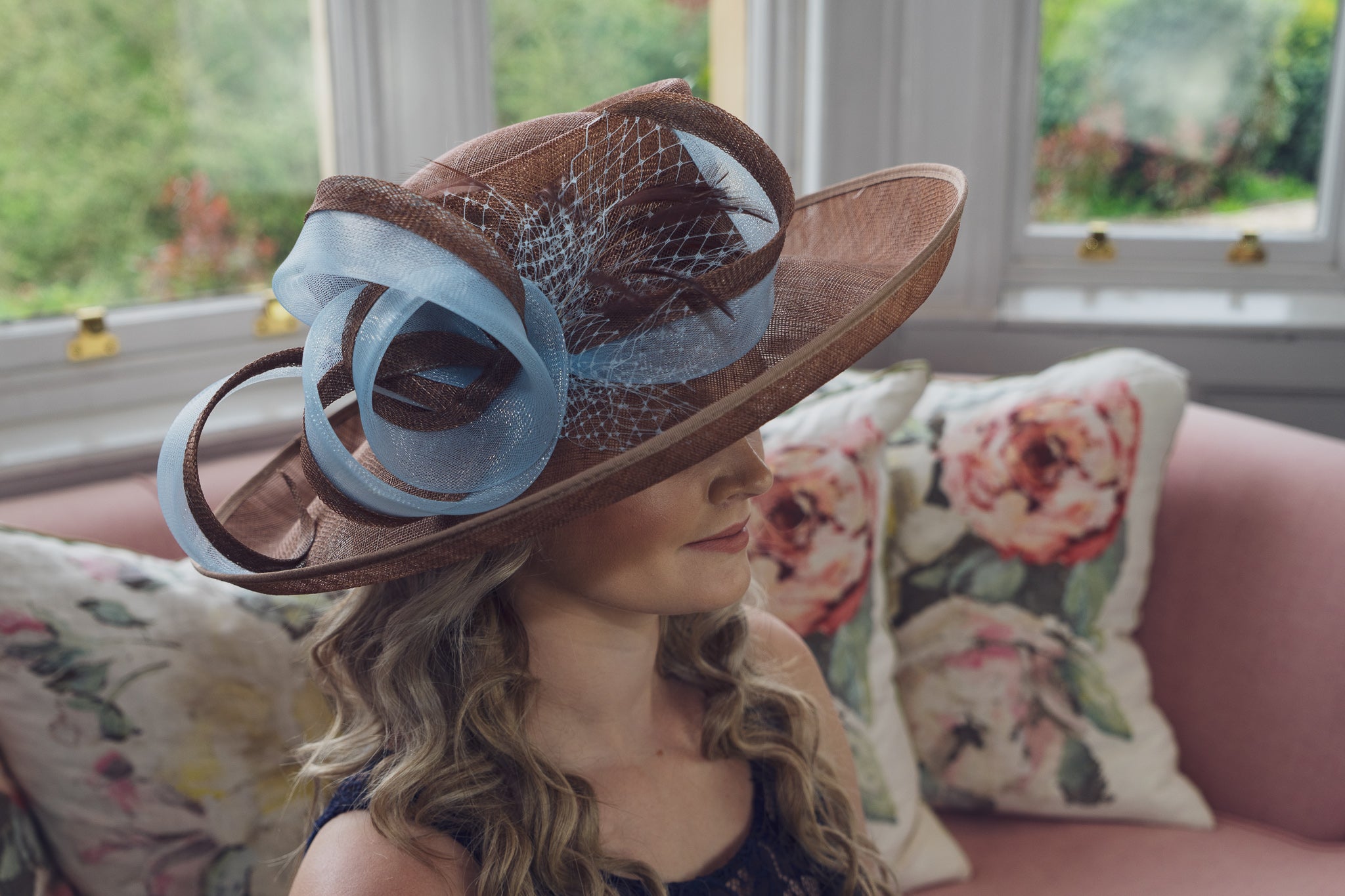 coffee brown and light blue sinamay hat