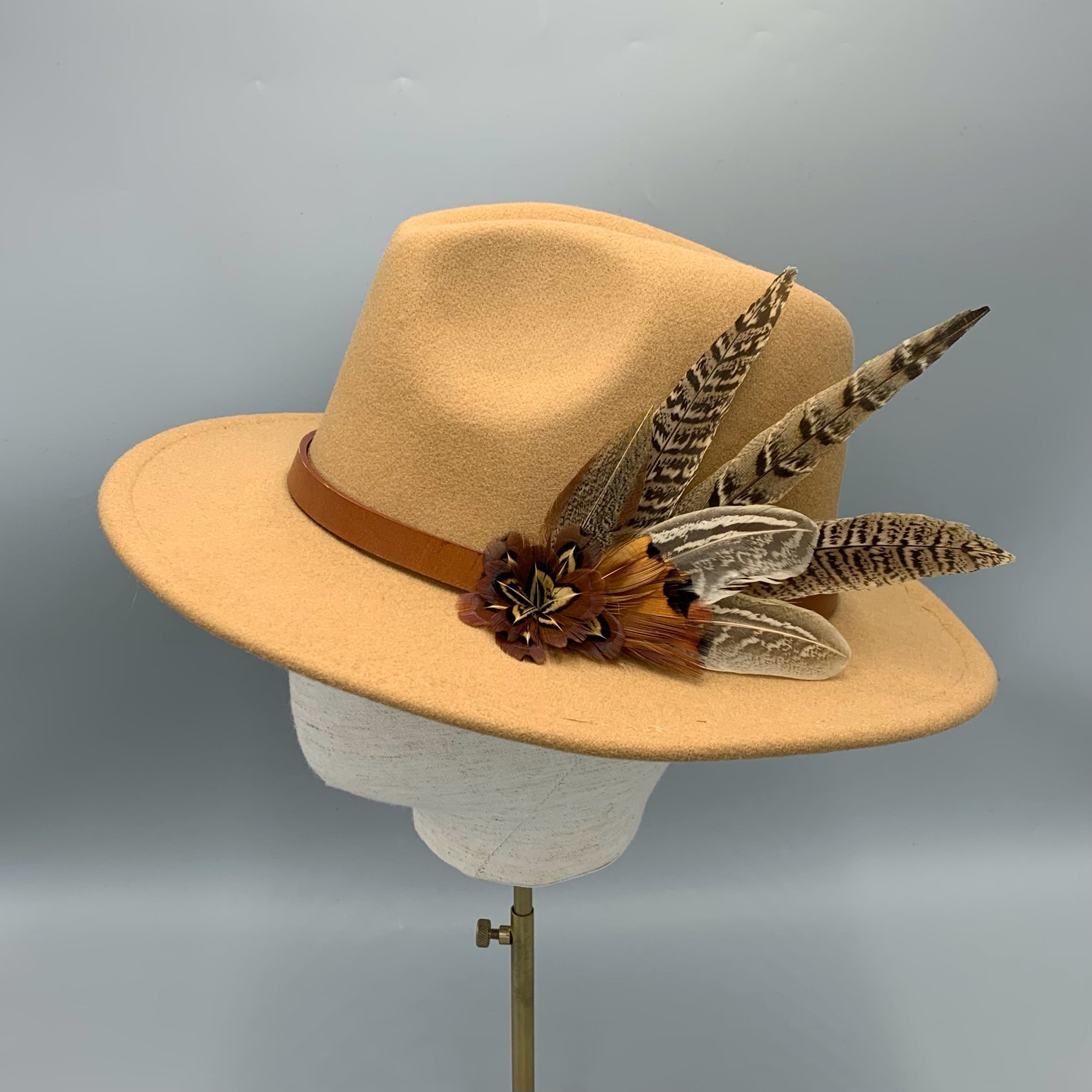 Camel fedora hand embellished with natural game bird feathers