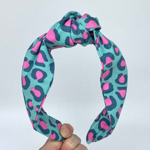 Teal and pink leopard print headband