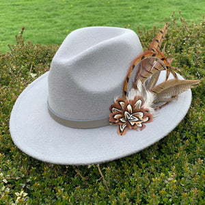 Light grey fedora hand embellished with natural game bird feathers