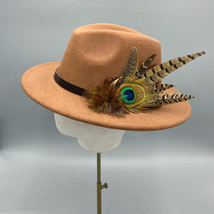 Tan fedora hand embellished with natural game bird feathers