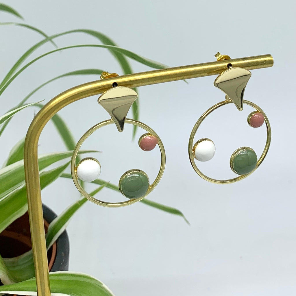 Eclipse Circle Drop Earrings - dusky pink, green& white