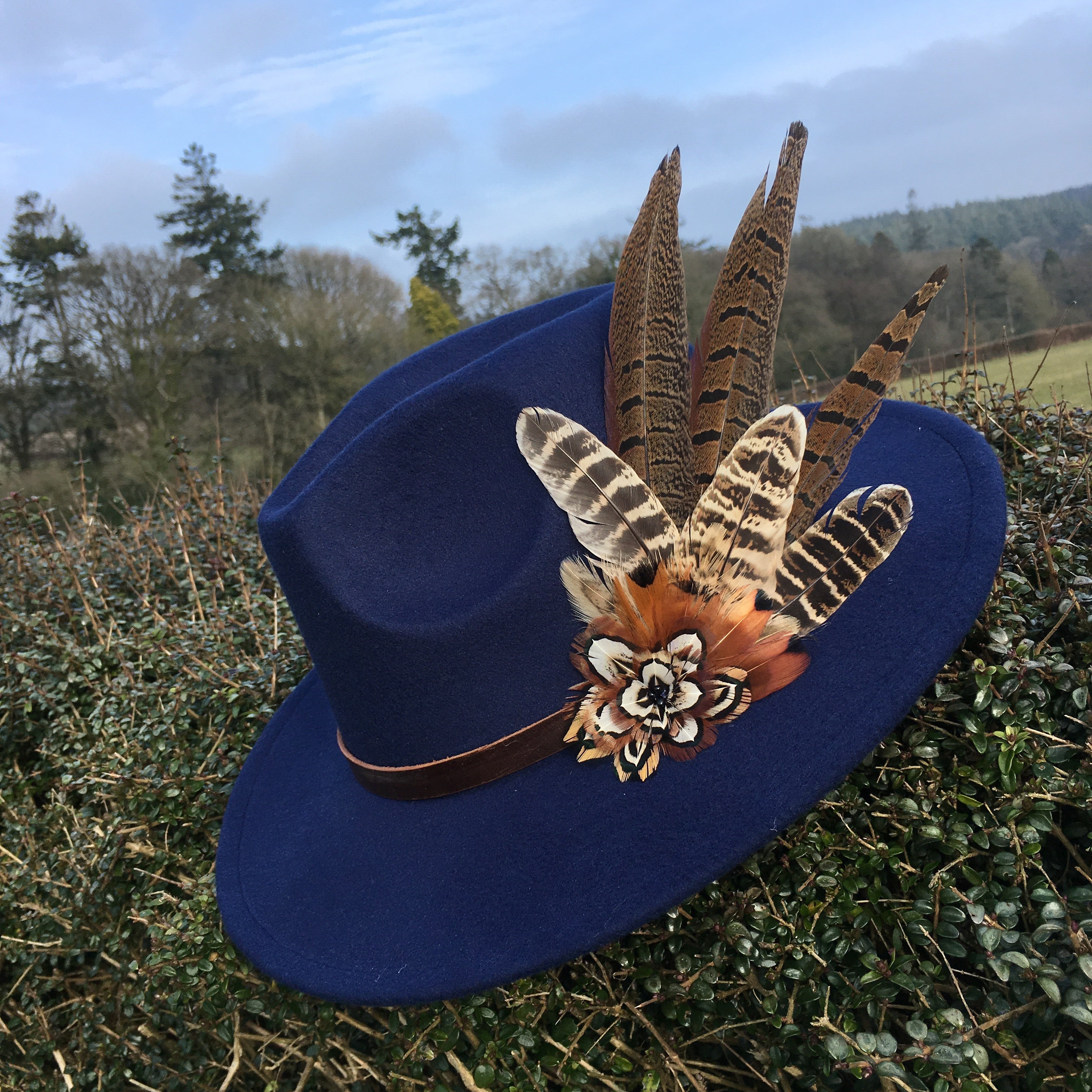 Navy felt fedora with game bird feather All Dunn Up Bespoke