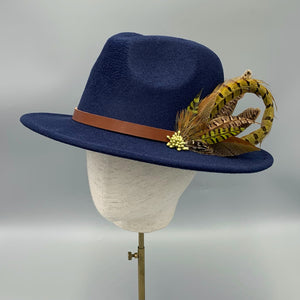Navy fedora - green and natural feathers