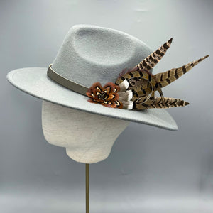 Light grey fedora hand embellished with natural game bird feathers